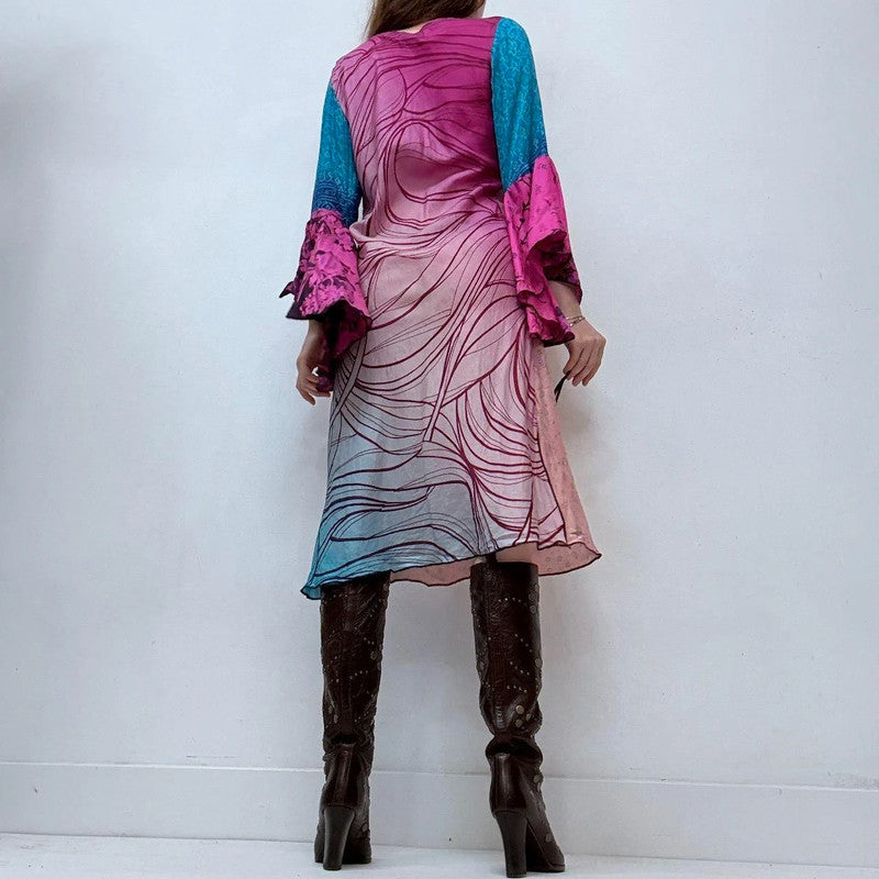 flared silk patchwork printed dress