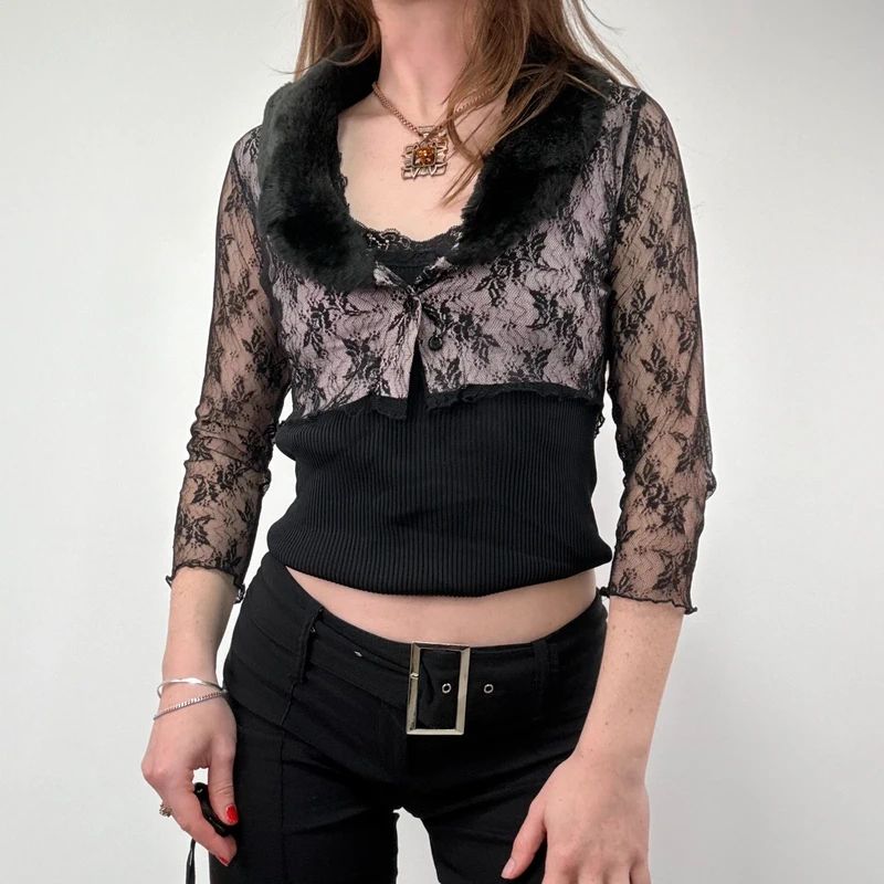 Lace Cropped Cardigan with Faux Fur Collar
