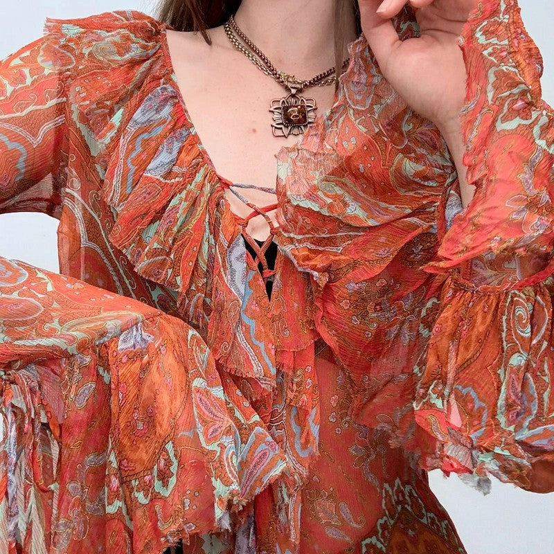 paisley sheer silk flared ruffle shirt