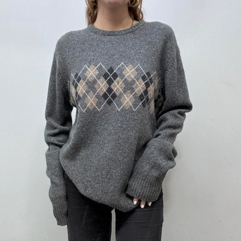 wool knitted grey argyle v-neck jumper