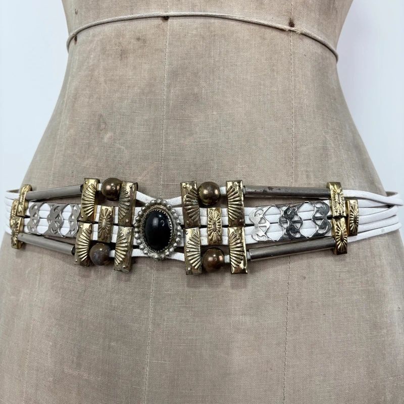chunky metal boho white leather belt