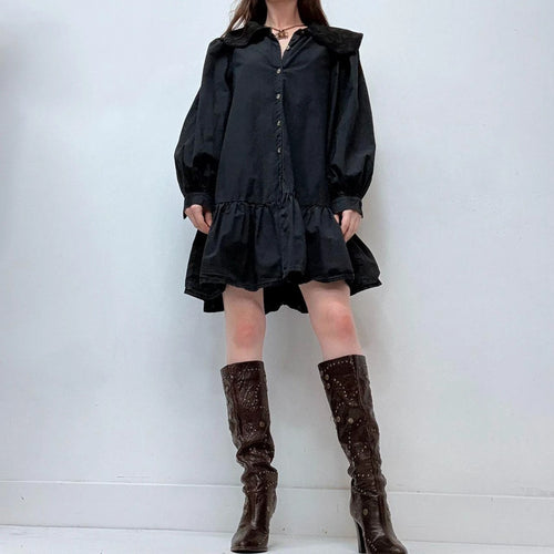 black puff embroidered shirt dress