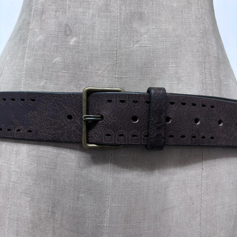 brown leather flower engraved belt