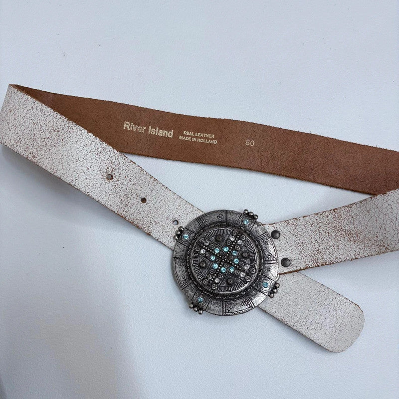 white distressed leather boho belt