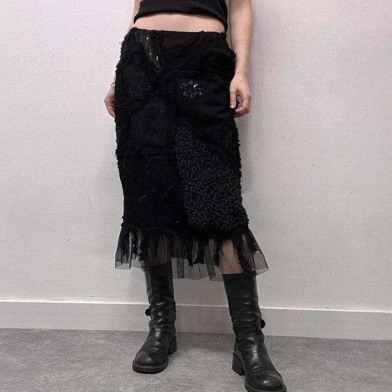 black sheer embroidered lace midi skirt