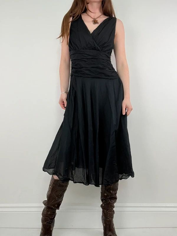 Black pleated cotton flared monsoon dress