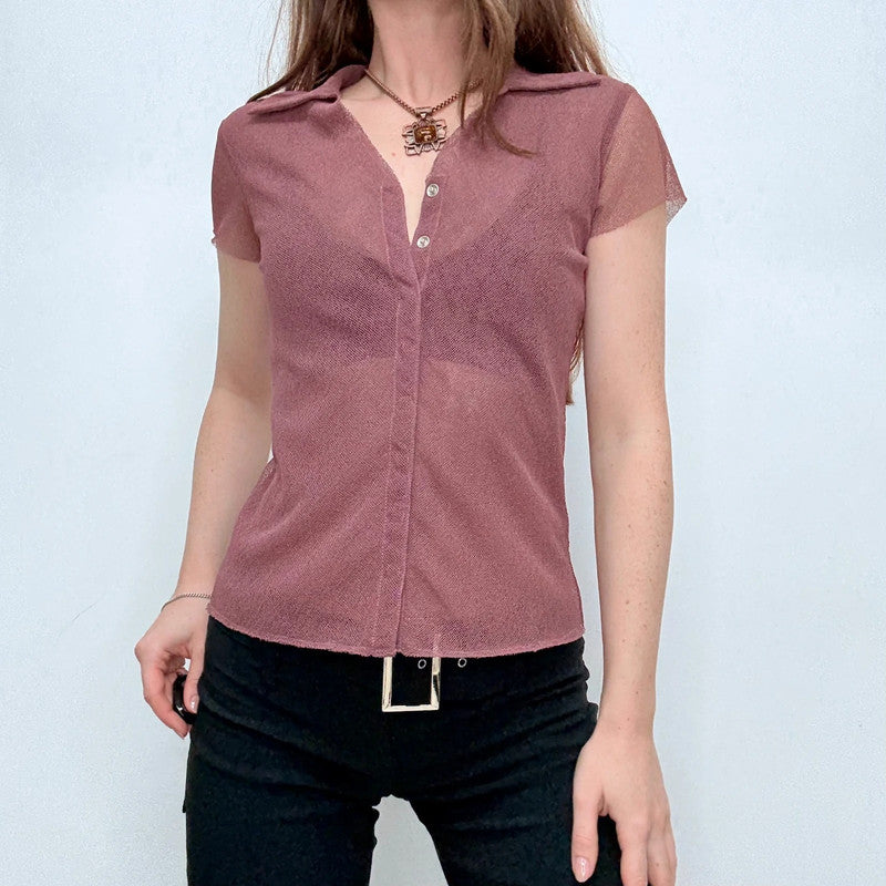 pink sheer mesh button shirt