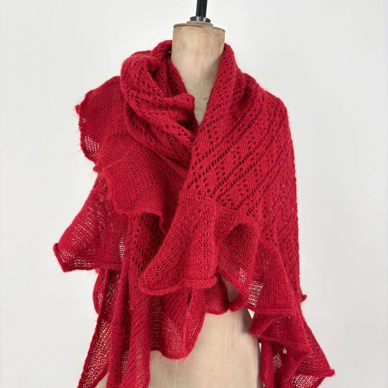 red mohair pointelle wool scarf