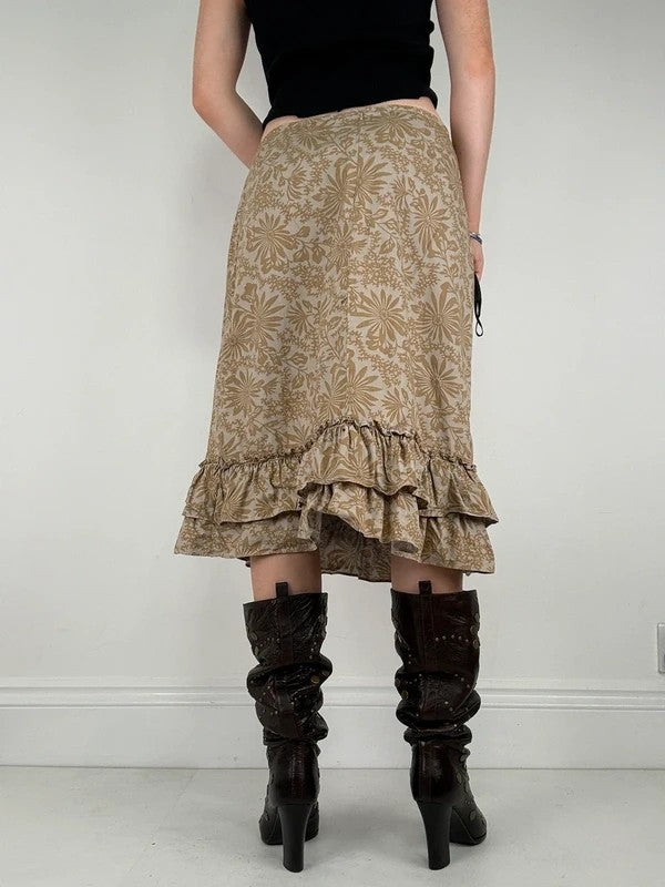 Beige floral double ruffle hem vintage skirt