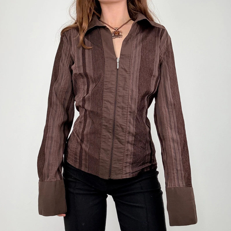 brown pinstripe zip shirt