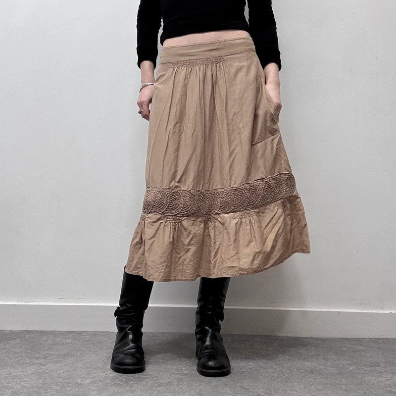 tan silk pleated flared midi skirt