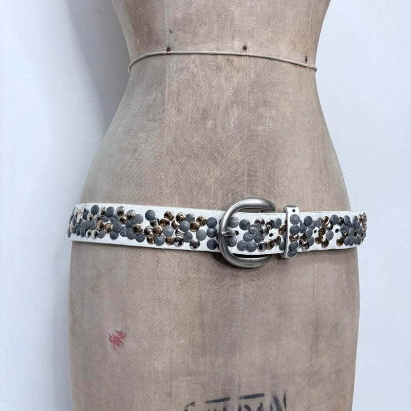 white leather studded metal belt