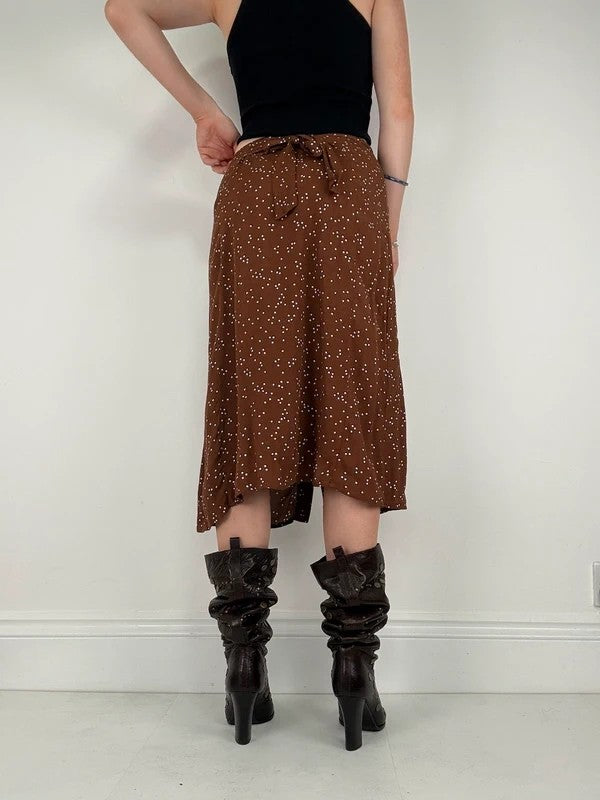 Brown polkadot button Rouje midi skirt