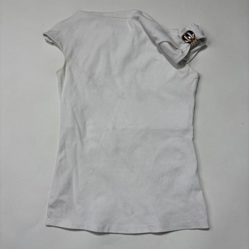 white asymmetric off the shoulder t-shirt