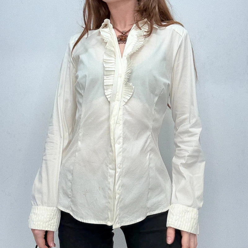white fitted ruffle shirt