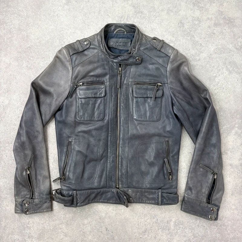 distressed leather boxy biker jacket