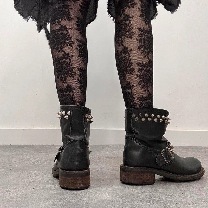 black leather punk studded boots