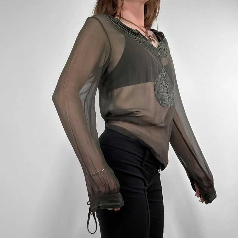 Antik Batik khaki sheer silk blouse