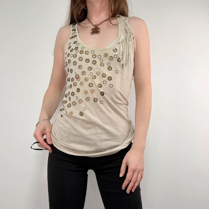 slouchy tan metal studded embelsihed vest top