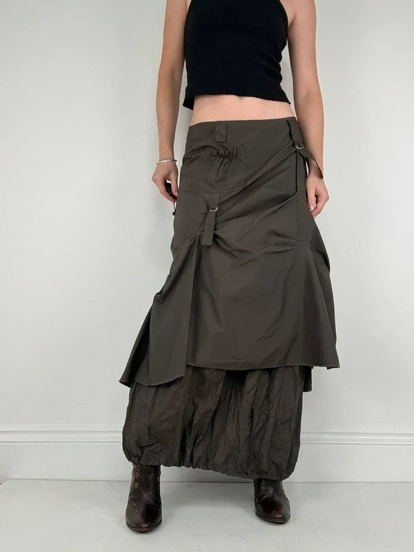 khaki layered tech utility maxi skirt