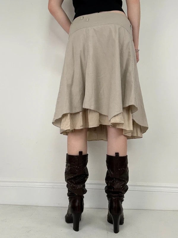 beige linen flared layered midi skirt