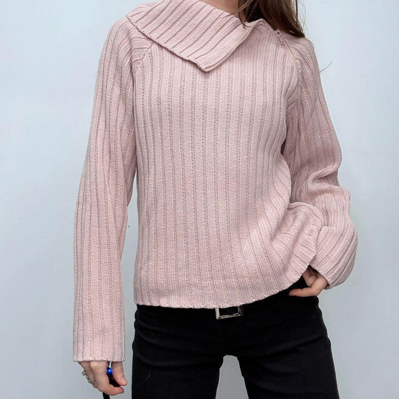 pink chunky ribbed asymmetric jumper