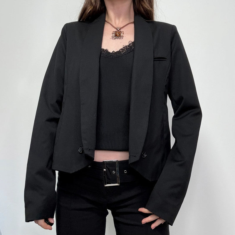 cropped black pinstripe asymmetric jacket