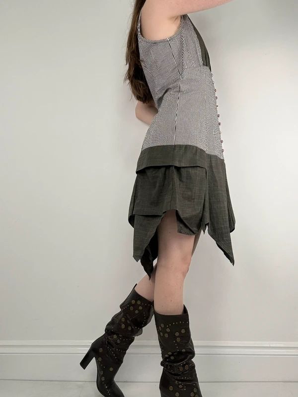 striped asymmetric khaki drop waist midi dress