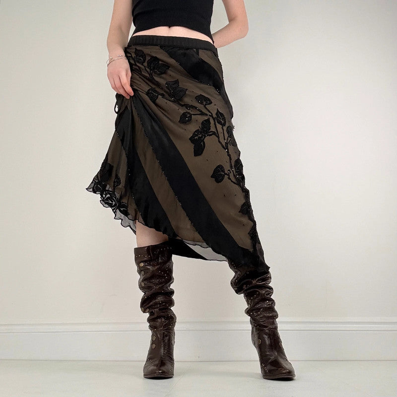 black silk floral flutter skirt