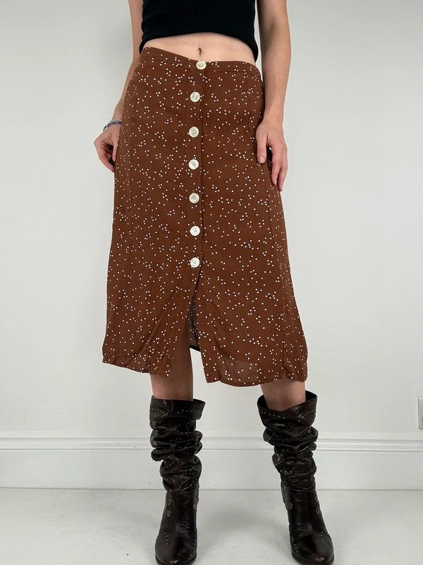 Brown polkadot button Rouje midi skirt
