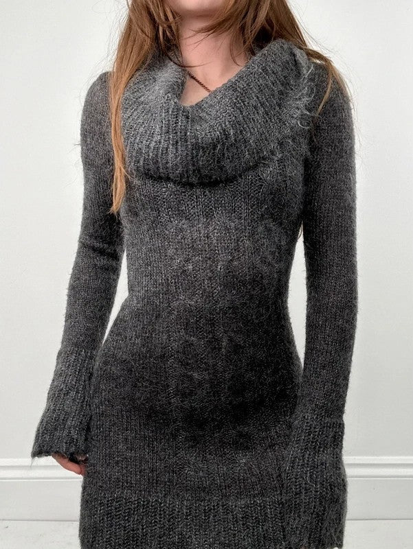 grey mohair knit slouchy off the shoulder dress