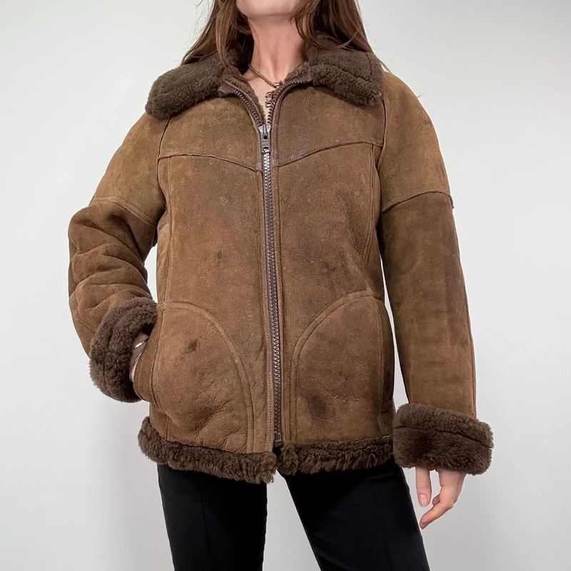 brown shearling aviator vintage jacket with zipper