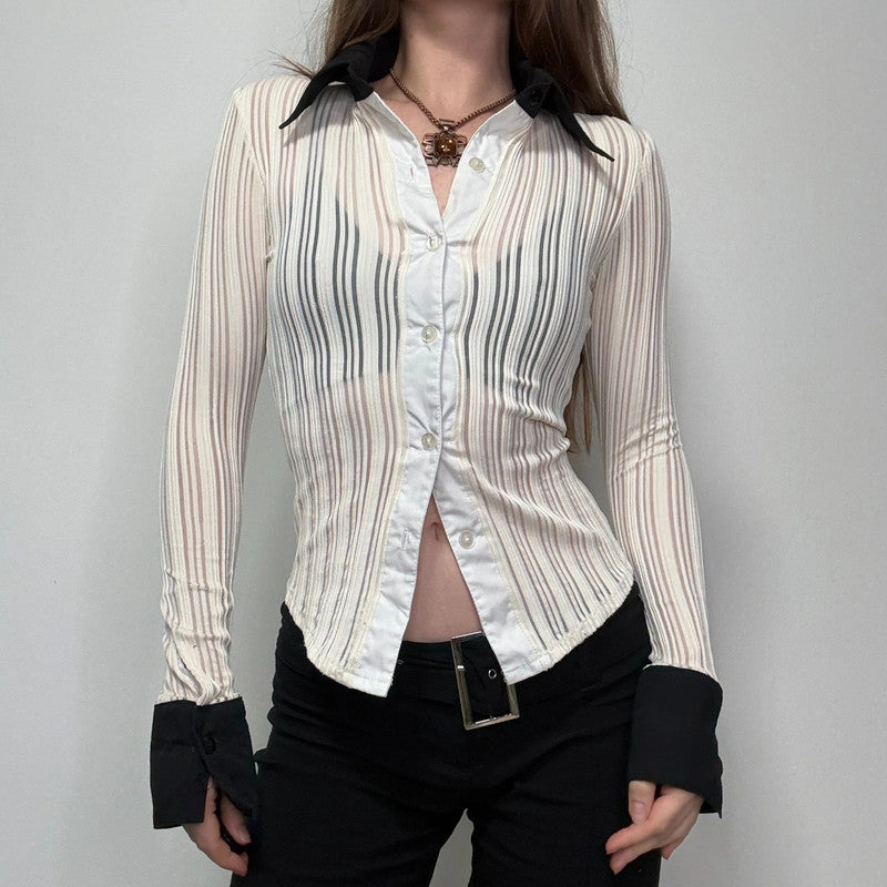 fitted ribbed sheer pinstripe shirt