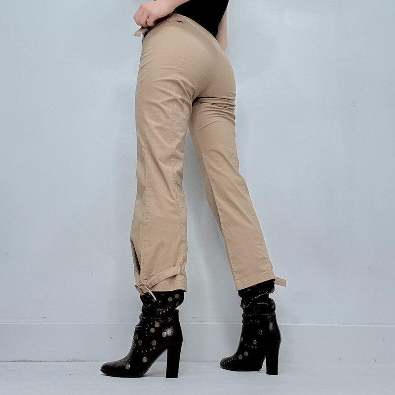 tan flared buckle utility pants