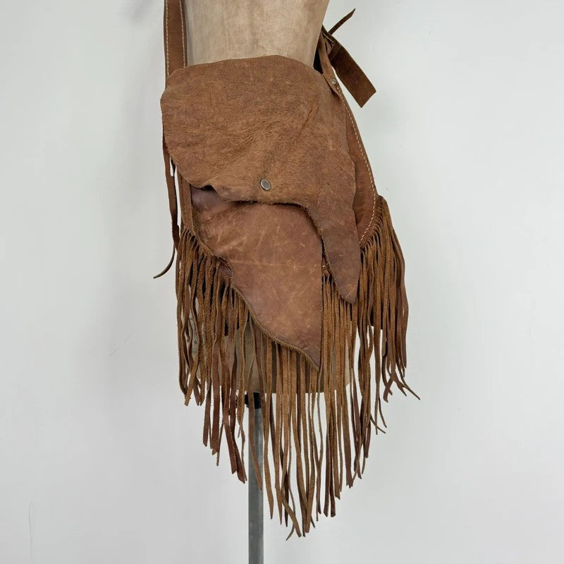 Vintage tan boho fringe satchel suede bag