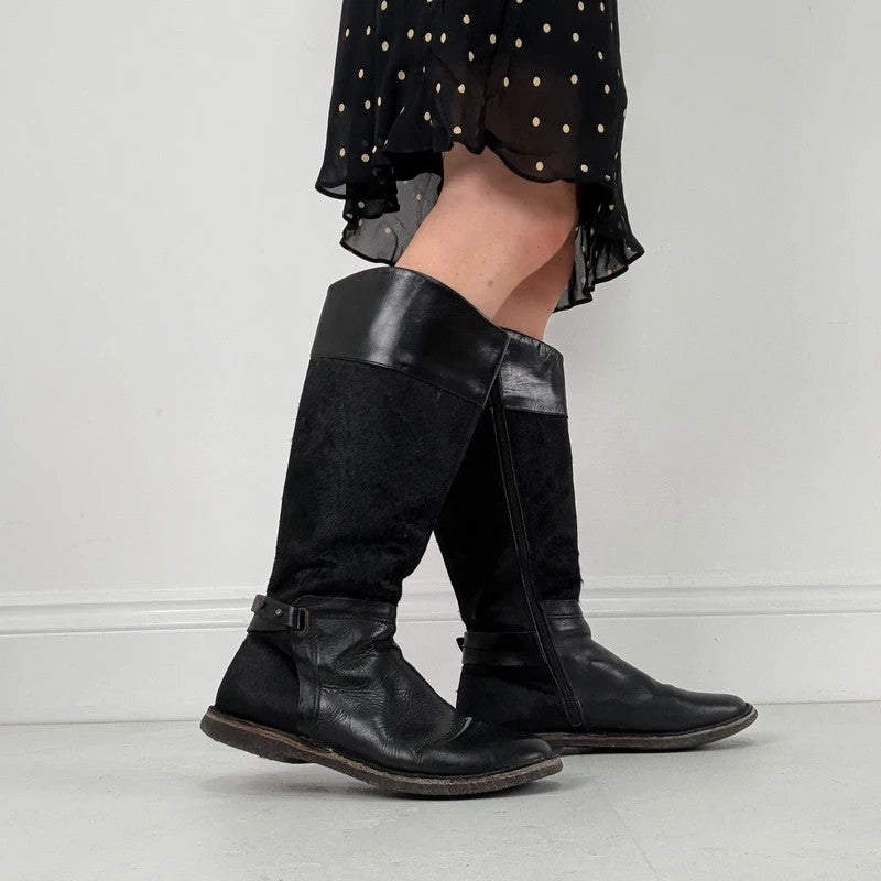 Black leather cowhide pony skin knee high boots