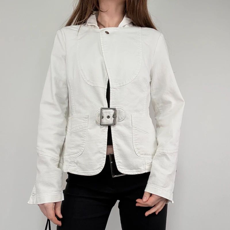 white buckle belted military jacket