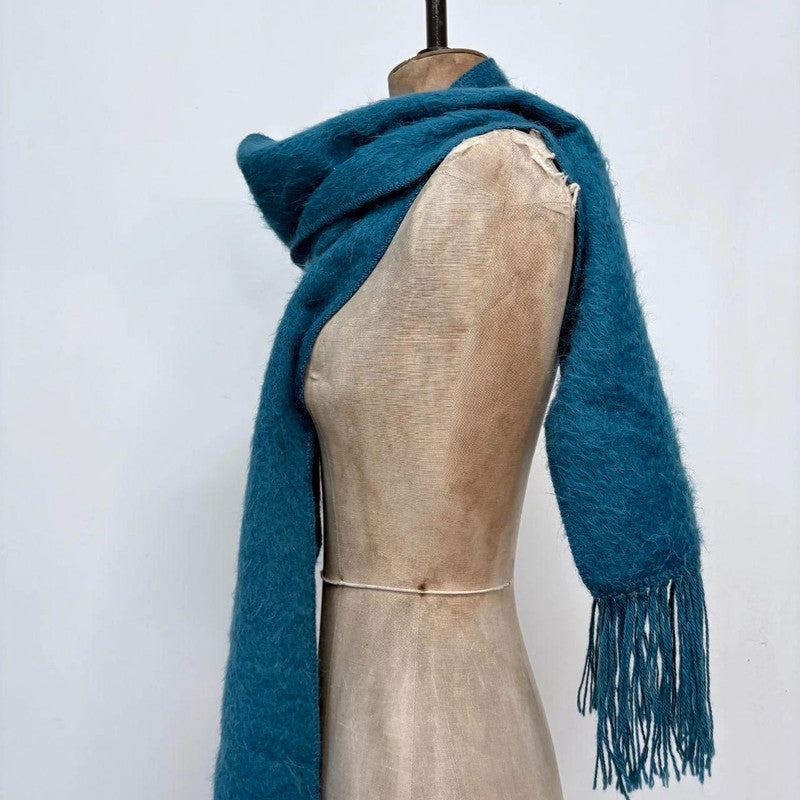 blue wool mohair knit tassel scarf