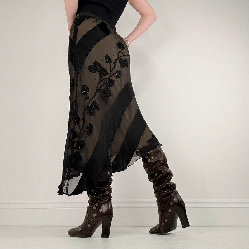 black silk floral flutter skirt