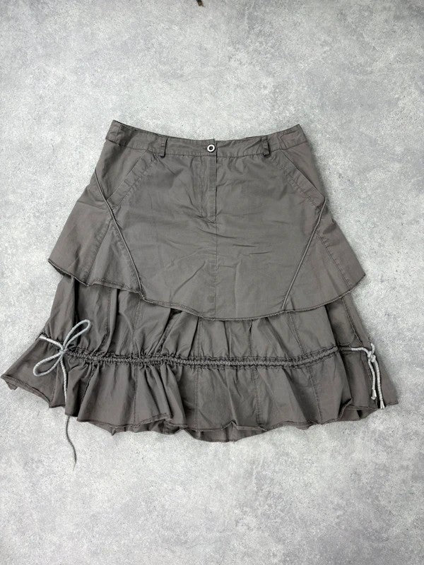 Khaki layered ruffle midi pleated skirt