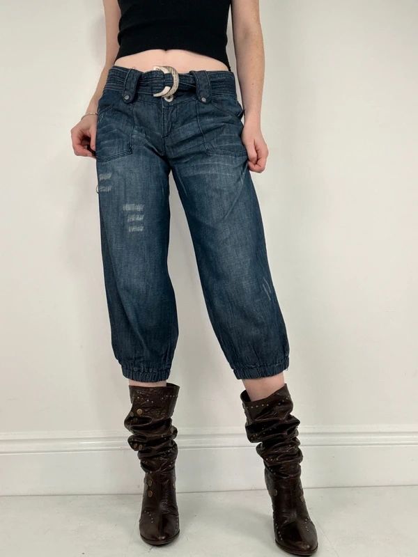 cropped denim puff capri pants