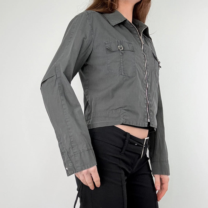 khaki zip through cropped utility jacket