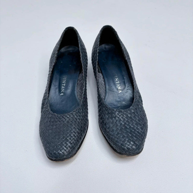 navy woven leather heel ballet pumps