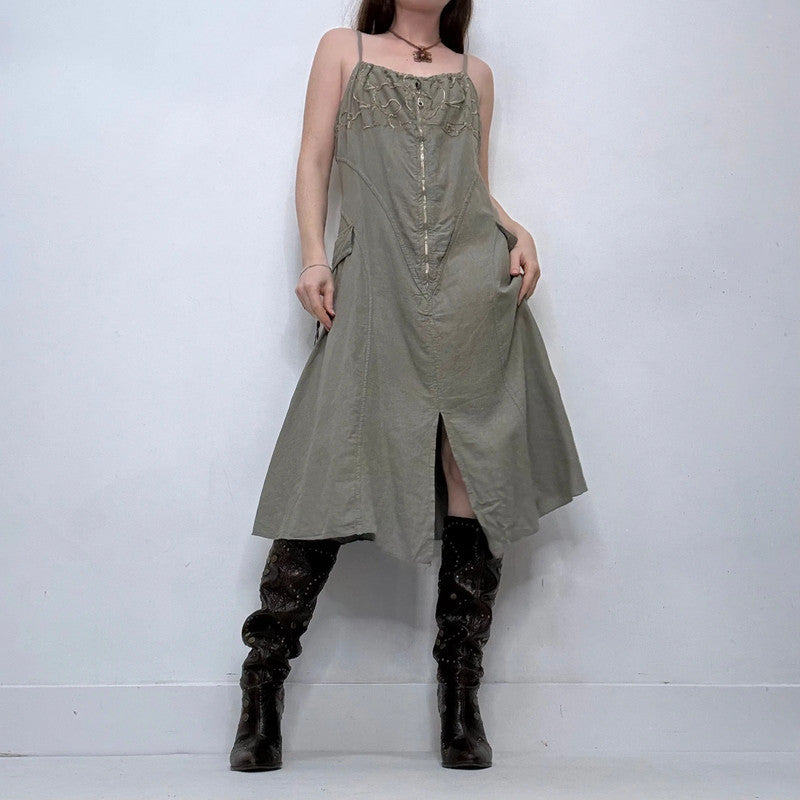 khaki embroidered zip midi dress