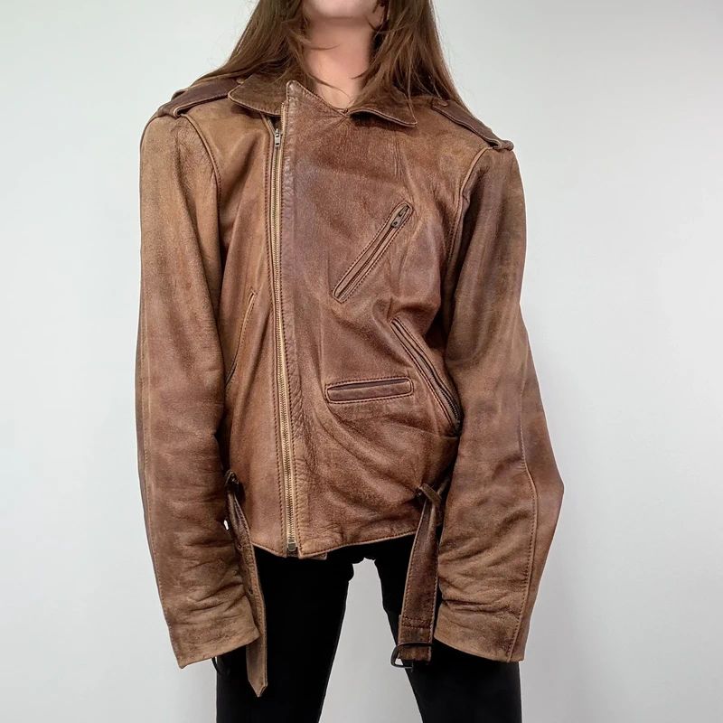 Oversized Brown leather Slouchy Biker Jacket