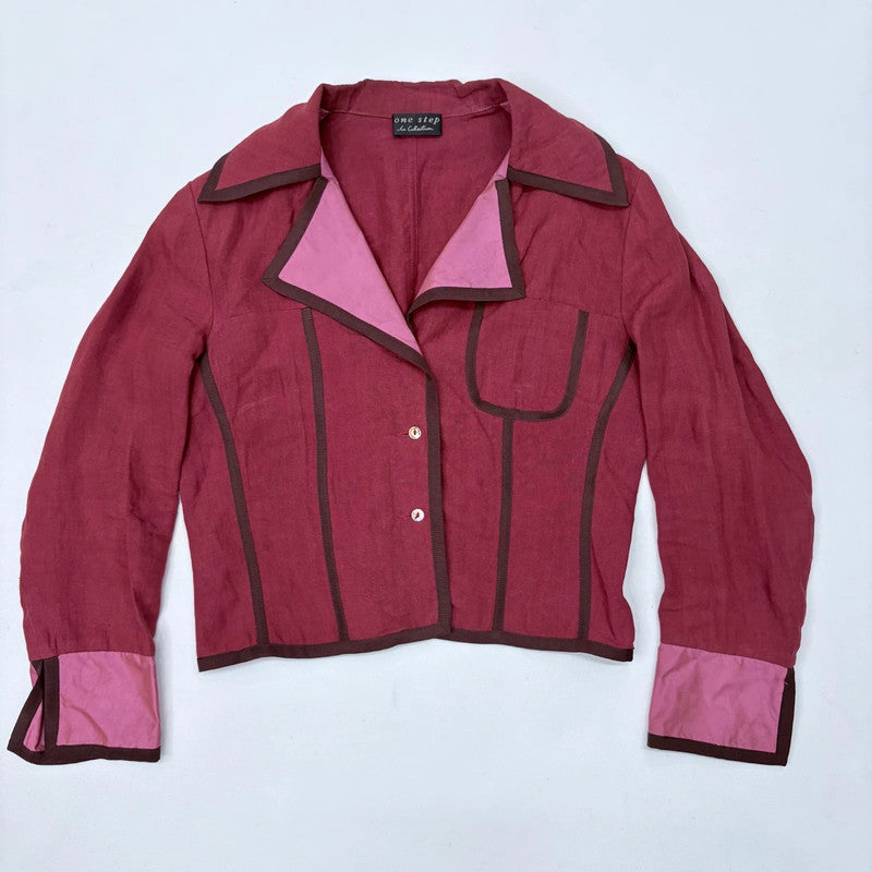 red linen cropped shirt jacket