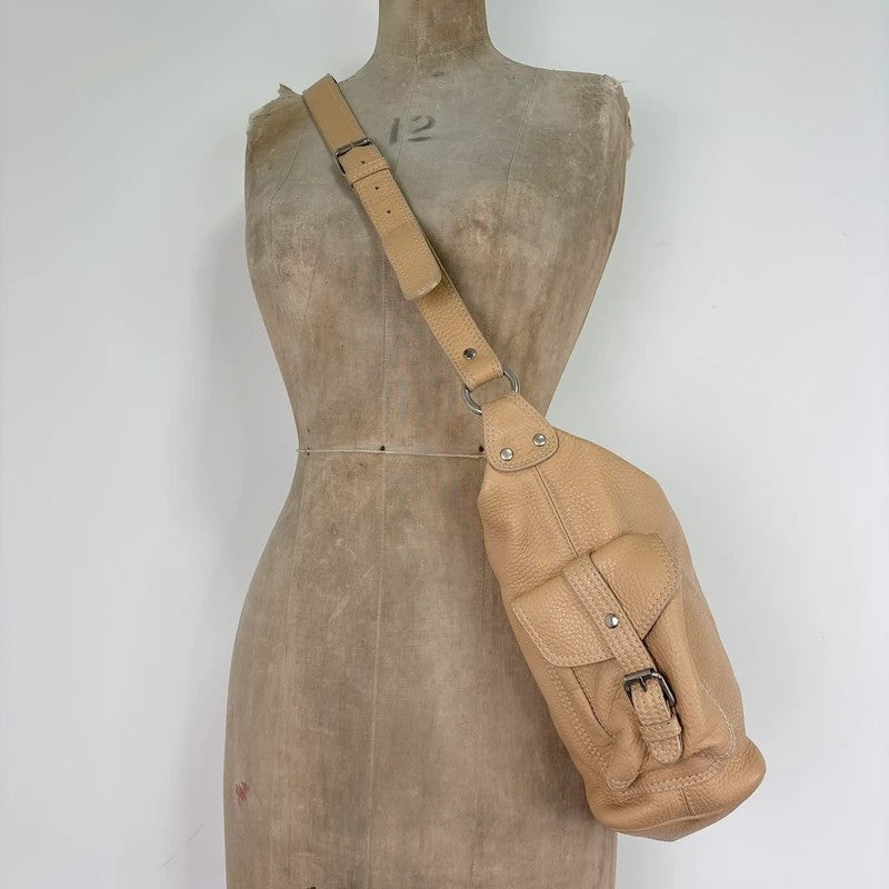 Slouchy cream leather cargo pocket satchel bag