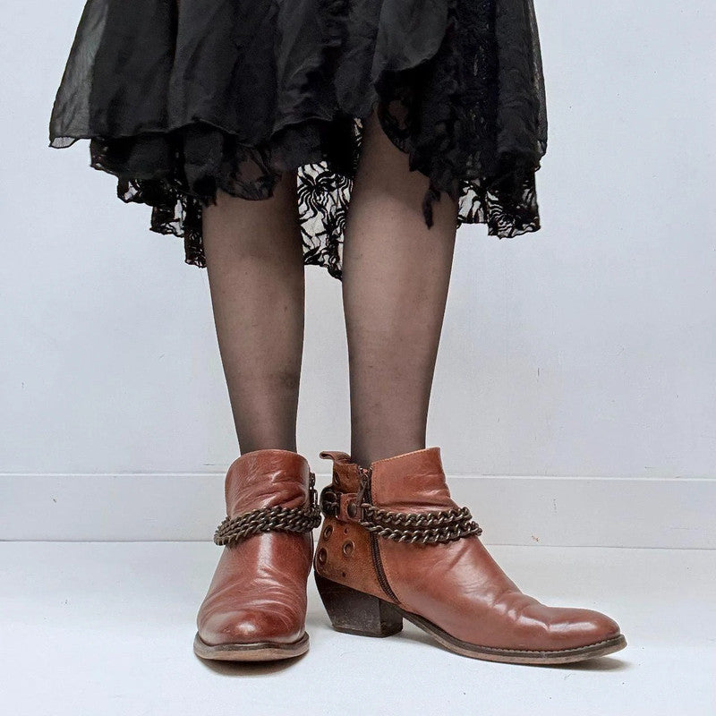 brown leather studded buckle boots