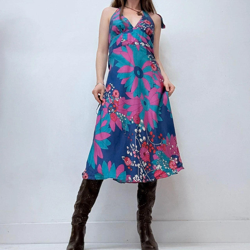 graphic flared silk summer floral dress