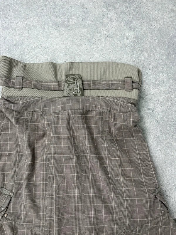 brown tartan low rise flared midi skirt